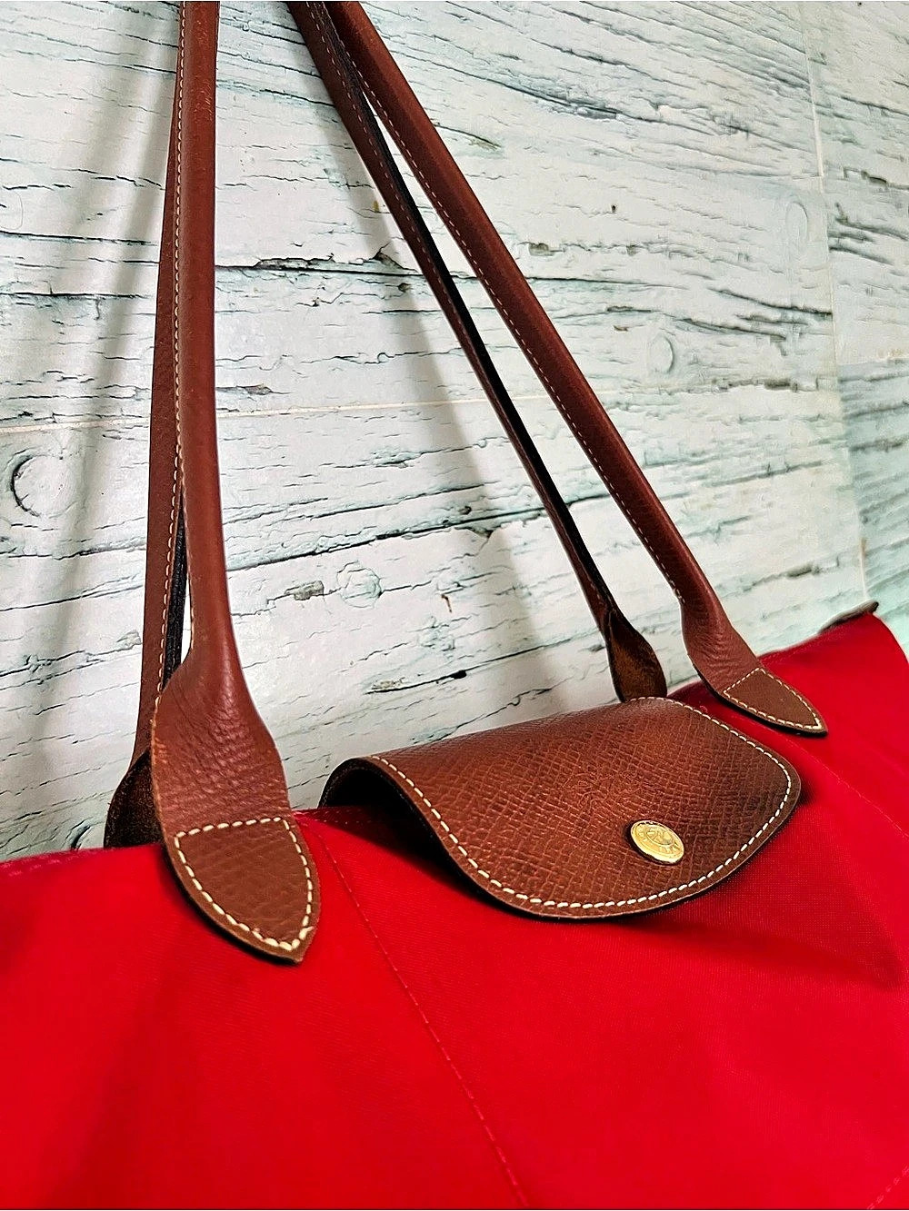 Longchamp Red Tote Bag – Brown Leather Trim – Spacious Everyday Bag - Picture 12 of 16